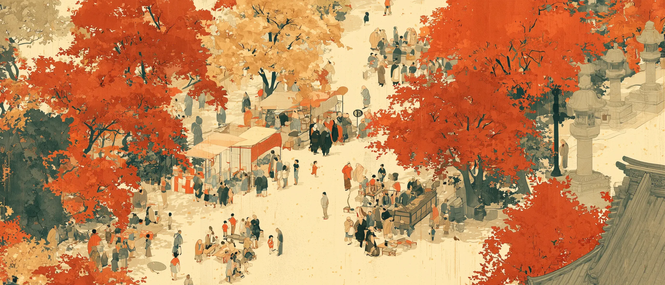 紅葉に包まれた高尾山と不動院の俯瞰イラスト